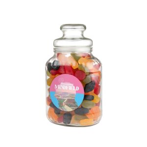 Nostalgisches Bonbonglas befüllt mit Fruchtgummi und einem Werbeetikett
