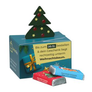 Alpenmilch Schokoladentäfelchen in Geschenkbox Tanne und Werbedruck