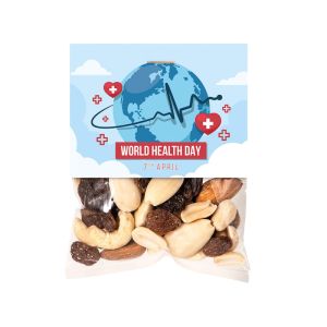 Nuss-Frucht-Mischung in einem Folientütchen mit Standard-Reiter World Health Day