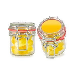 70 g orangener Süßigkeiten-Mix im Bügelglas mit Werbeetikett