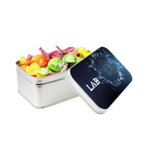 Rechteckige silberne Dose mit Napoleon Bonbons und Werbedruck