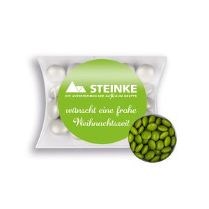 15 g grüne Schoko-Linsen in Mini-Kissen mit Werbeetikett