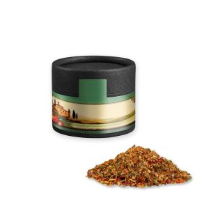 Gewürzmischung Mediterraner Veggie Mix in Kraftpapierdose Mini schwarz mit Werbebanderole