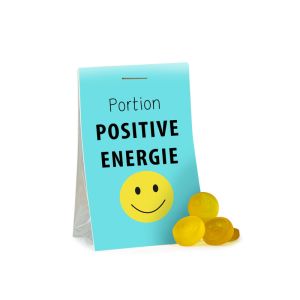 15 g Fruchtgummi Smileys im transparenten Standbeutel mit beidseitig bedruckbarem Werbereiter