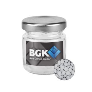30 g weiße Schoko-Linsen im Mini Glas mit Werbeetikett