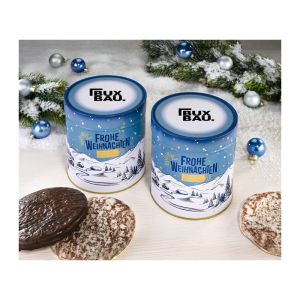 Präsent 300 g Nürnberger Elisen-Lebkuchen in Weihnachtsdose Winter mit individuellem Logodruck