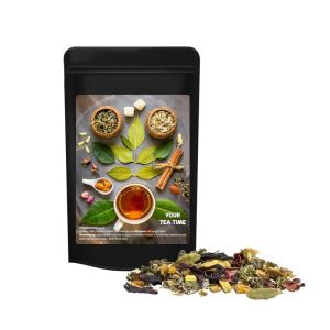 Ayurveda Relax-Tee im Mini Standbeutel schwarz mit Werbeetikett