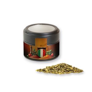 Pizza-Kräuter in schwarzer Mini Metalldose mit Sichtfenster und Werbebanderole