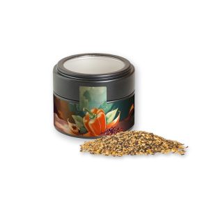Gewürzmischung Orangen-Pfeffer in schwarzer Mini Metalldose mit Sichtfenster und Werbebanderole