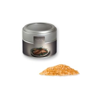 Rauch-Salz grob in silbener Mini Metalldose mit Sichtfenster und Werbebanderole