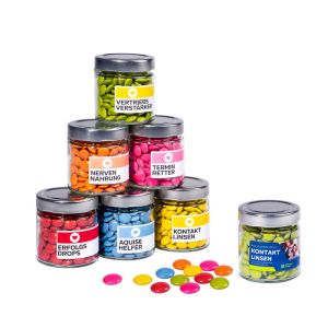 Schokodrops im Maxiglas mit Werbeetikett