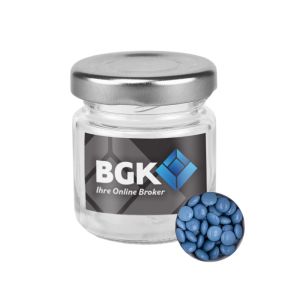 30 g blaue Schoko-Linsen im Mini Glas mit Werbeetikett