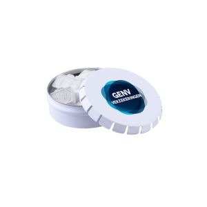 Mini-Klick Klack Dose mit Pfefferminz in Koffer-Form und Werbedruck