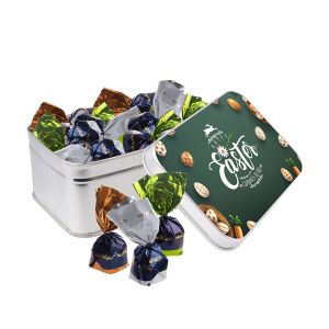 Rechteckige silberne Dose mit Schokoladen-Pralinés und Werbedruck