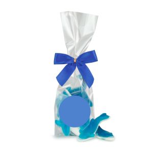 80 g Haifische aus Fruchtgummi und Schaumzucker im transparenten Flachbeutel mit Clipschleife