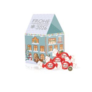 3D Präsent Haus mit duplo Knusperlen und Rundum-Werbedruck