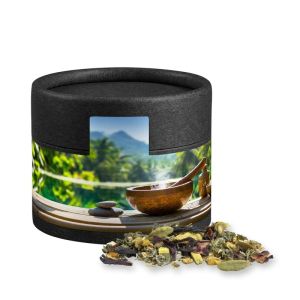 Ayurveda Relax-Tee in Kraftpapierdose Mini schwarz mit Werbebanderole