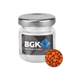 30 g orangene Schoko-Linsen im Mini Glas mit Werbeetikett