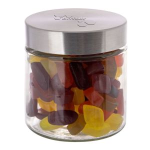 0,9 l Glastiegel befüllt mit Fruchtgummi und Prägung auf dem Deckel