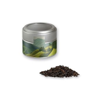 Schwarztee in silbener Mini Metalldose mit Sichtfenster und Werbebanderole