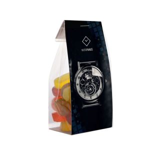 150 g Fruchtgummi in Standbodenbeutel mit großem Werbereiter