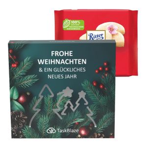 Ritter SPORT Marzipan Schokolade in einer Präsentbox mit einer Wald-Ausstanzung und Werbedruck
