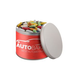 0,6 l silberne Metalldose befüllt mit Lakritzstäbchen Mix und mit Banderole
