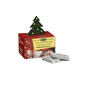 Schokotäfelchen in Pergaminpapier in Geschenkbox mit Tannenbaum und Werbedruck
