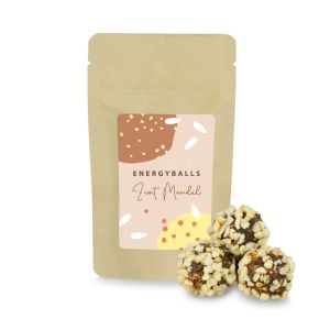 Energyballs im Papierdoypack mit beidseitig bedruckbarem Werbereiter