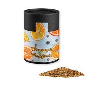 Orangen-Pfeffer in Kraftpapierdose Midi schwarz mit Werbebanderole