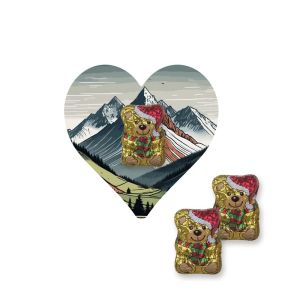 Schoko-Weihnachtsbärchen auf Mini Herzform-Flyer mit Werbedruck