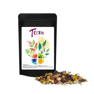 Bio Kräutertee Vierjahreszeiten im Mini Standbeutel schwarz mit Werbeetikett