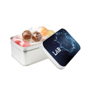 Rechteckige silberne Dose mit Frucht-Lollies und Werbedruck