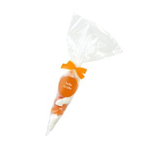 100 g grüner Süßigkeiten-Mix in transparenter Spitztüte mit Clipschleife und Werbeetikett