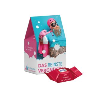 Standbodenbox mit Ritter SPORT Schokowürfel Mousse au Chocolate und Werbedruck