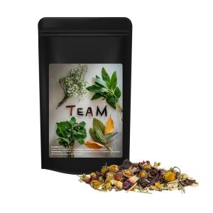Bio Kräutertee Vierjahreszeiten im Midi Standbeutel schwarz mit Werbeetikett