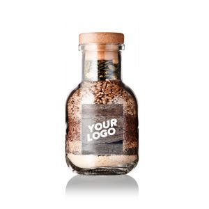 Backmischung dänisches Knäckebrot (knækbrødet) in einer kleinen Flasche mit Werbeetikett