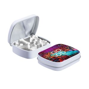 Mini Klappdeckeldose mit Traubenzucker-Pfefferminz in Knochen-Form und Werbedruck und Werbedruck