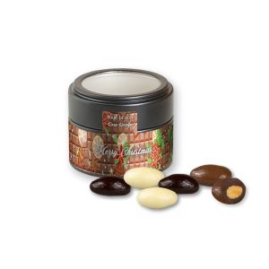 Mandel-Schoko-Trio in schwarzer Mini Metalldose mit Sichtfenster und Werbebanderole