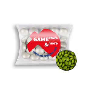 15 g grüne Schoko-Linsen in Mini-Kissen mit Tampondruck