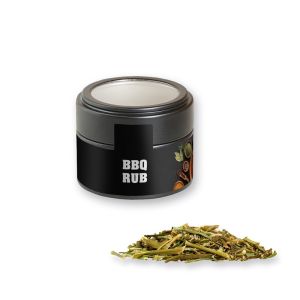 Gewürzmischung BBQ Kräuter Rub in schwarzer Mini Metalldose mit Sichtfenster und Werbebanderole