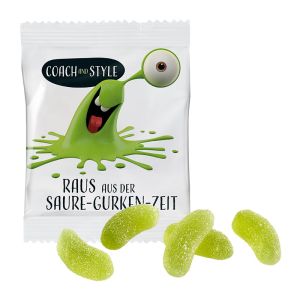 24 g vegane Saure Gurken Fruchtgummi im Werbetütchen mit Werbedruck