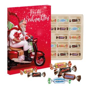 240 g Adventskalender mit Miniatures Schokoladenmischung mit Papierfaser-Inlay und rundum Werbedruck