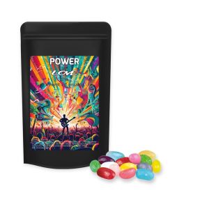 Jelly Beans sauer-Mix im Midi Standbeutel schwarz mit Werbeetikett