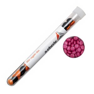 16 g pinke Schoko-Linsen im Reagenzglas mit Werbeetikett