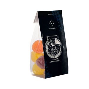 150 g Fruchtgummi mit Zucker in Standbodenbeutel mit großem Werbereiter