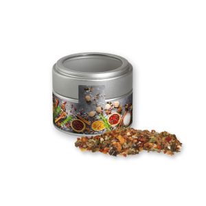 Weihnachts Gewürzmischung Geflügel in silbener Mini Metalldose mit Sichtfenster und Werbebanderole