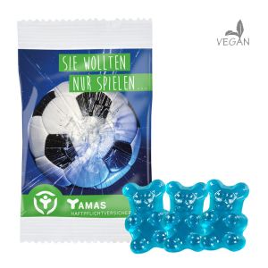 15 g vegane blaue Gummibärchen (Cassis) im kompostierbaren Werbetütchen mit Werbedruck