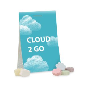 15 g Dextrose-Wolken im transparenten Standbeutel mit beidseitig bedruckbarem Werbereiter