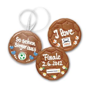 Lebkuchen-Fußball in Glanzfolie verschweißt mit Umhängeband mit essbarer Werbeanbringung